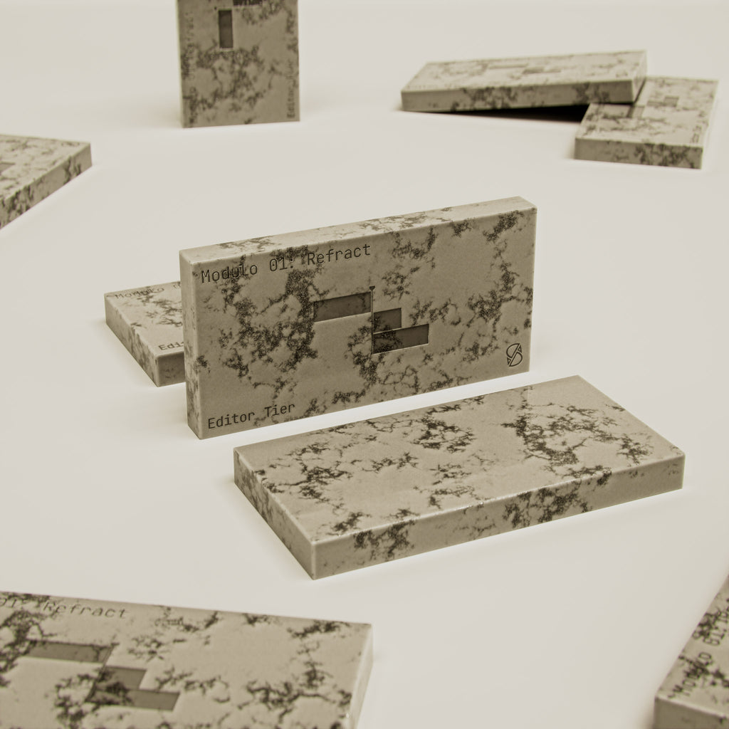 Marble-textured boxes with branding on a white background